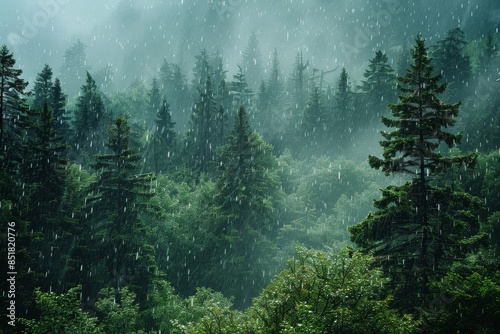 A lush, dense mountain forest with tall green trees and thick underbrush is soaked by a heavy summer rain. Raindrops create a misty atmosphere as water cascades down leaves and branches.






