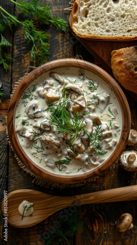 Ukrainian dish mushrooms in sour cream: A rustic wooden table with a bowl of sautéed mushrooms in creamy sour cream sauce