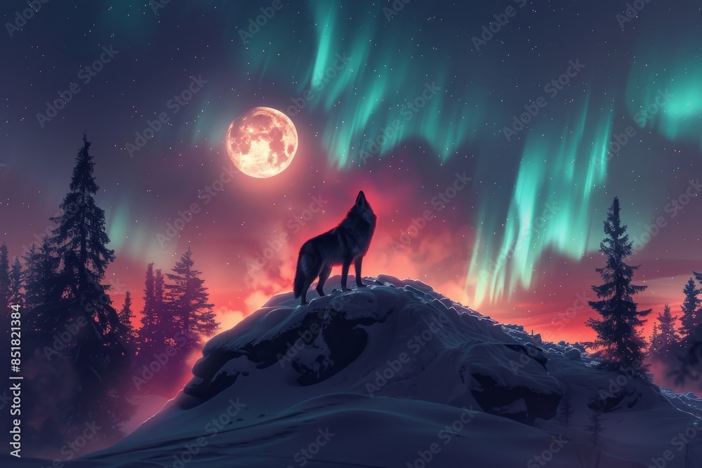 a wolf howls under the northern lights in a mountain winter forest. An incredible illustration of wild nature