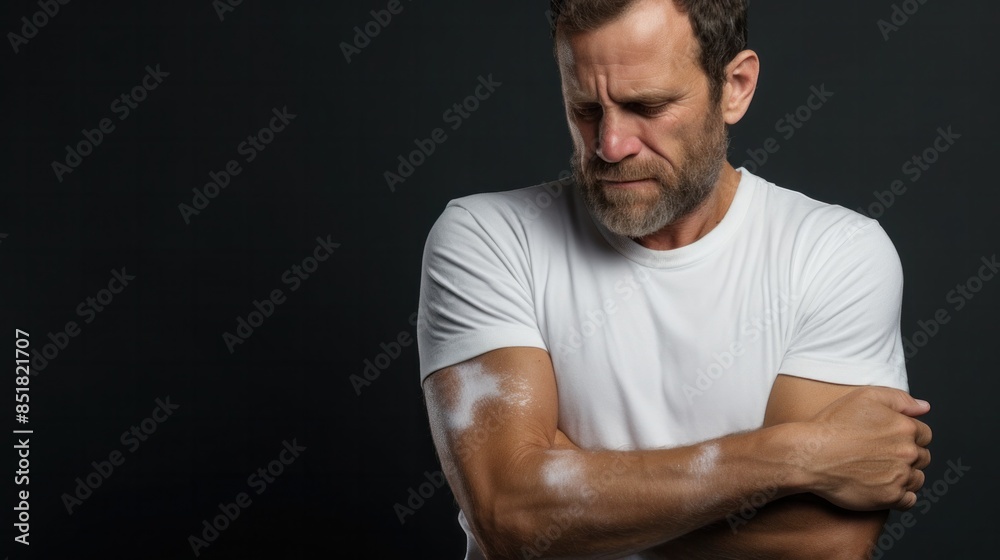 bearded man Itchy rash on the elbow, skin disease, illness, treatment, illustration bearded man Itchy rash on the elbow, skin disease, illness, treatment, illustration