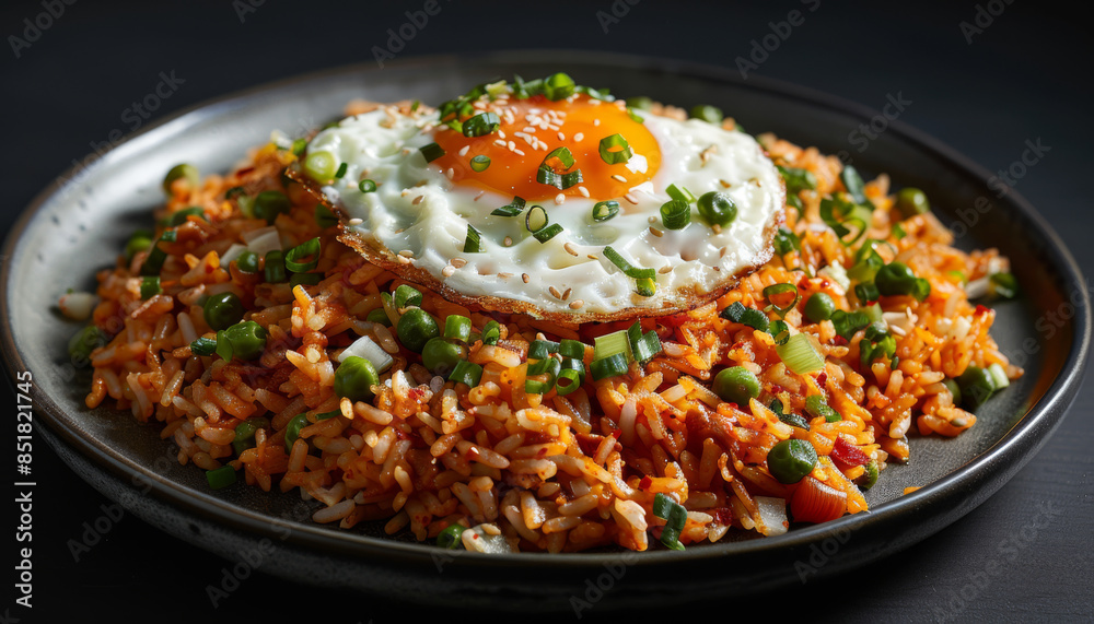 fried rice on a plate with fried egg on top. dark background fried rice on a plate with fried egg on top. dark background