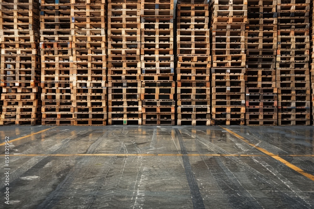 Neatly stacked wooden pallets arranged in rows on a warehouse floor, creating a uniform and orderly storage space for goods and merchandise. Neatly stacked wooden pallets arranged in rows on a warehouse floor, creating a uniform and orderly storage space for goods and merchandise.