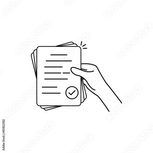 black contour hand holding contract paper. flat linear smart trend modern logo graphic thin line design isolated on white background. concept of woman arm
