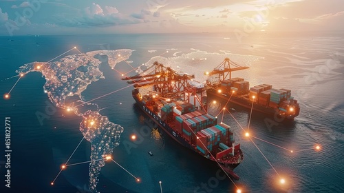 AI technology enhances global logistics for international delivery, using a world map to manage supply chains and container ship networks for export-import processes.