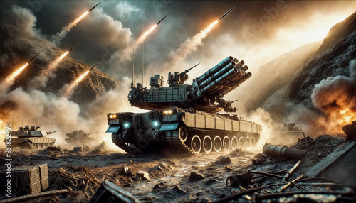 Heavy Artillery Tank Firing Rockets Amidst Intense Warfare photo