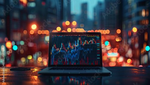 laptop with a stock market trading graph and candlestick chart on screen, in the style of a business concept for financial trading. background of an office building with blurred lights