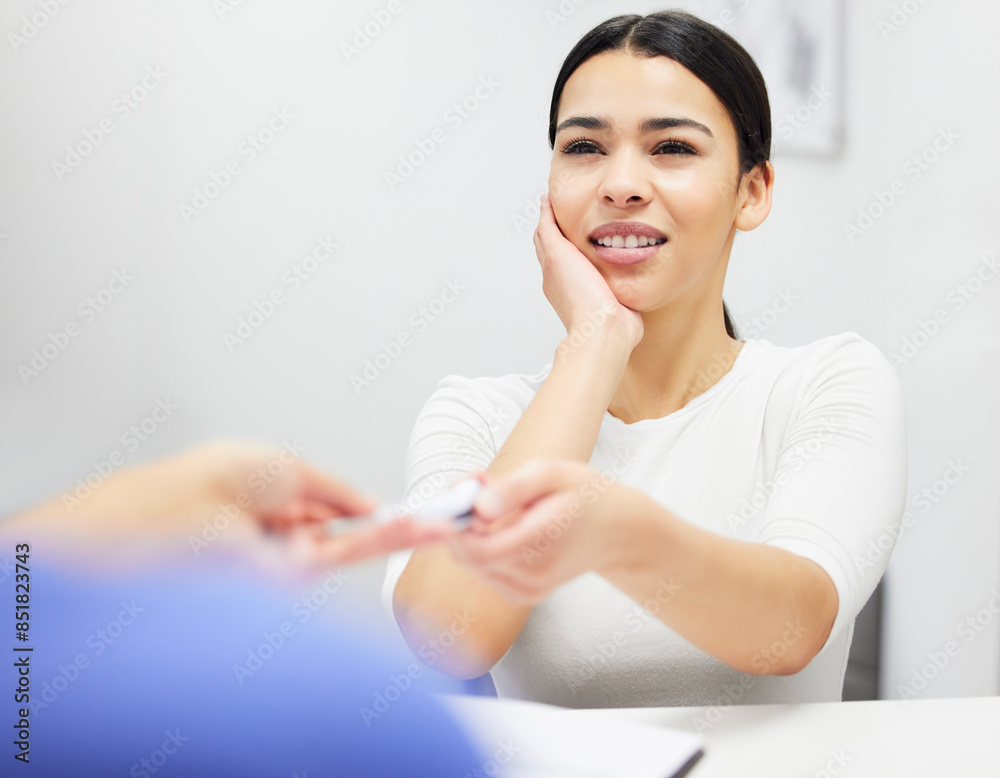 Dentist, office and woman in pain with toothache for wisdom teeth, inflammation and oral care. Healthcare, dental clinic and patient with consultation for medical emergency, tooth ache and problem Dentist, office and woman in pain with toothache for wisdom teeth, inflammation and oral care. Healthcare, dental clinic and patient with consultation for medical emergency, tooth ache and problem