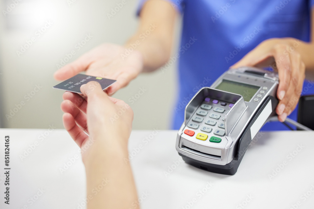 © peopleimages.com - Medical, people and credit card in hospital with nurse, healthcare and insurance payment with fintech. Clinic, help and patient service with pos machine, budget and finance for doctor consultation © peopleimages.com - Medical, people and credit card in hospital with nurse, healthcare and insurance payment with fintech. Clinic, help and patient service with pos machine, budget and finance for doctor consultation