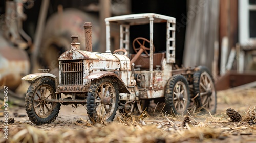 Antique White Farm Equipment model in a farmyard photo