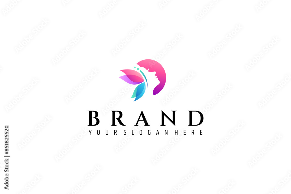 woman logo with beautiful butterfly in colorful gradient modern design style woman logo with beautiful butterfly in colorful gradient modern design style