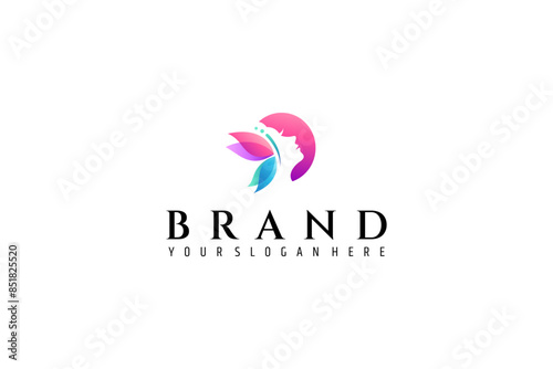 woman logo with beautiful butterfly in colorful gradient modern design style