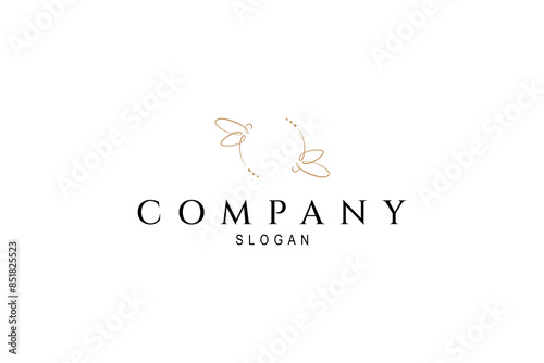 flying dragonfly logo with forming a circle frame in luxury colors in line art design style