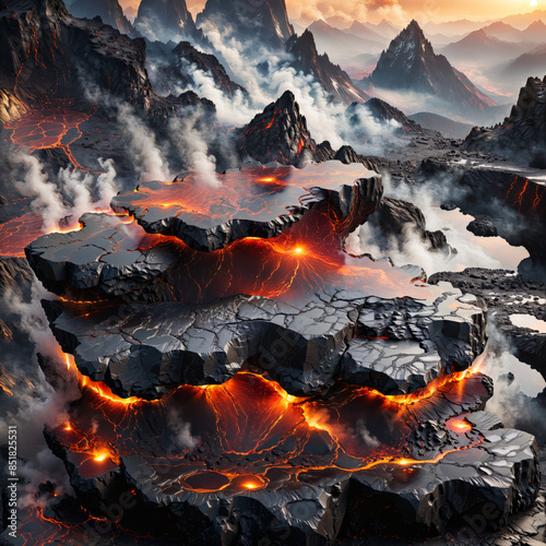 product display podium, Empty Obsidian Meteor Magma Table with smooth surface, product magma display 3d scene stone floor, Platform lava podium, mountain fire smoke background, ad, podium platform