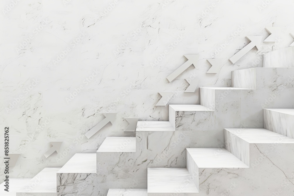 Abstract concept image of white stone staircase with upward arrows on ...