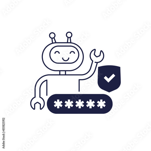 security bot icon on white, robot, password and shield