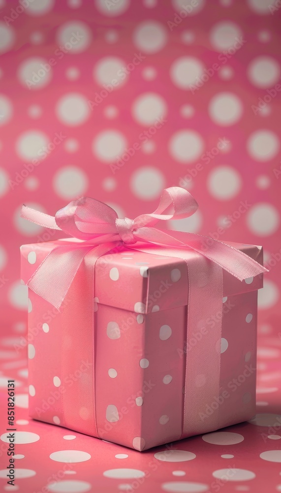 Obraz premium Charming pink gift box with satin ribbon on polka dot background for special occasions