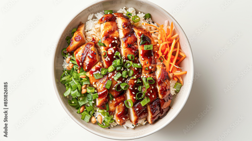 A bowl of food with rice and chicken A bowl of food with rice and chicken