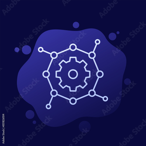 Biomaterial icon with molecule and gear, line vector
