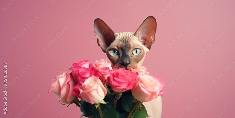 Sphynx cat holding bouquet of flowers. Cute cat with bouquet of flowers. cute cat holds bouquet of flowers on a background with copy space. postcard for Valentine's day. Greeting card.  