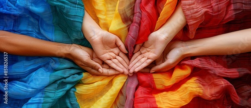 Diversity and Pride - Hands Holding Colorful Flag with Varied Textures and Ethnicities for LGBTQ+ Concepts and Equality Messages.