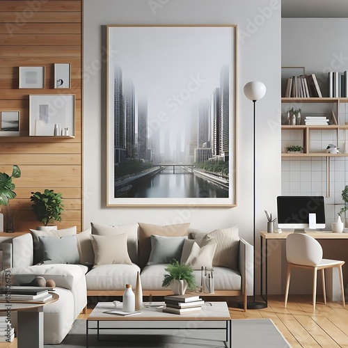 A living room style interior set design with a mockup poster empty white and with a large picture on the wall Vibrant informative unique informative.