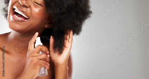 Canvastavla Afro, grooming and black woman with hair product in studio for cosmetics, growth treatment or frizz control on gray background