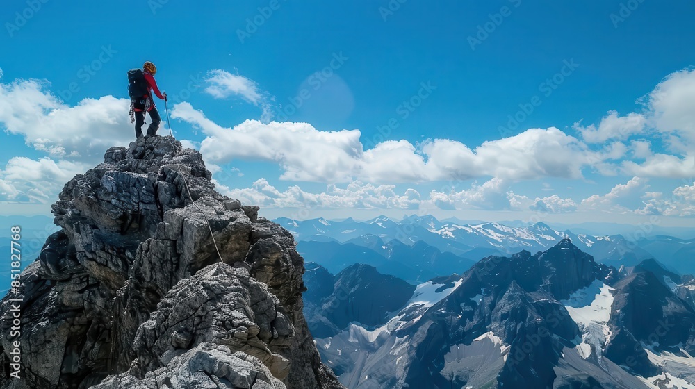 A mountain climber reaches the summit of a peak and looks out at the view. A mountain climber reaches the summit of a peak and looks out at the view.