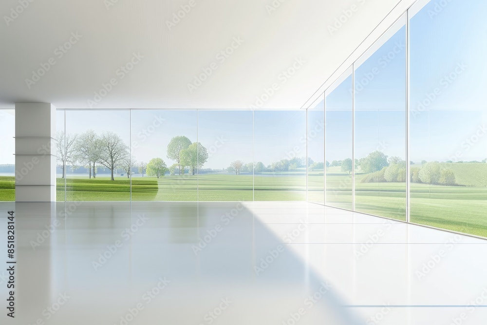 Fototapeta premium Beautiful minimalistic architectural background banner with expansive windows overlooking a serene landscape