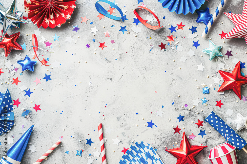 Obraz premium Patriotic Independence Day Flat lay Mockup with Party Supplies on Minimalistic Background