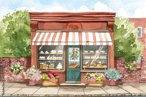 Illustration of cute bakery with a brick exterior and colorful flowers in watercolor style photo