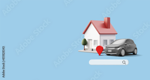 House, car, 3D. Banner for a site for finding and renting housing, selling, insurance, comfortable, and smart home. Vector illustration.