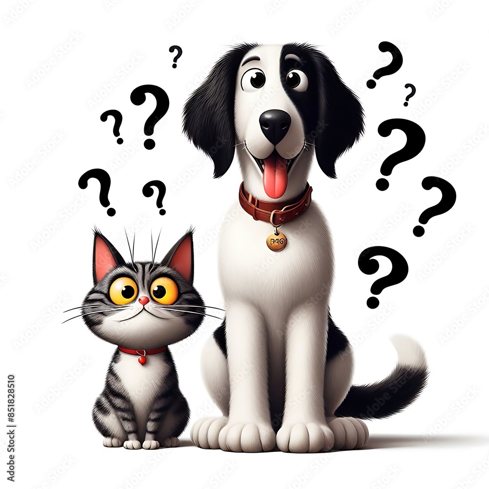 Fototapeta premium A cartoon dog design graphic and cat design graphic with question marks above.