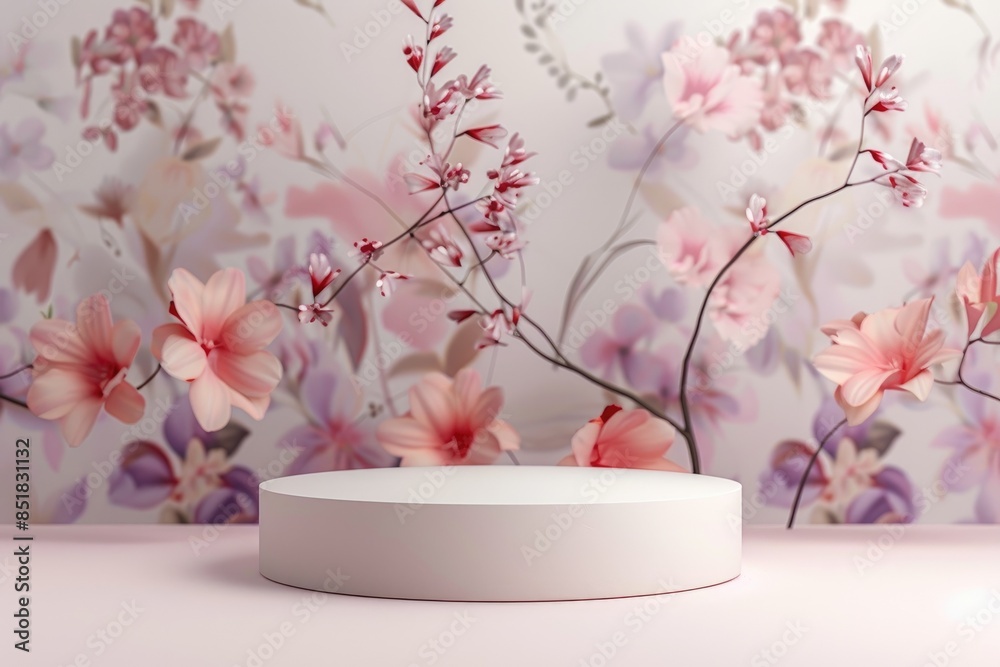Minimalist 3D round platform with a smooth matte finish, placed against a soft, pastel floral background. The delicate, abstract floral patterns in muted tones create a serene backdrop. Soft, Minimalist 3D round platform with a smooth matte finish, placed against a soft, pastel floral background. The delicate, abstract floral patterns in muted tones create a serene backdrop. Soft,