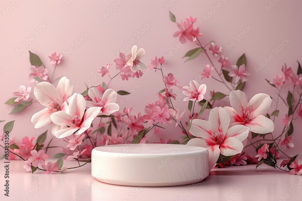 Simple yet elegant 3D round platform with a matte finish, set against a pastel floral background. The delicate abstract floral patterns in soft hues create a gentle and serene backdrop. Diffused Simple yet elegant 3D round platform with a matte finish, set against a pastel floral background. The delicate abstract floral patterns in soft hues create a gentle and serene backdrop. Diffused