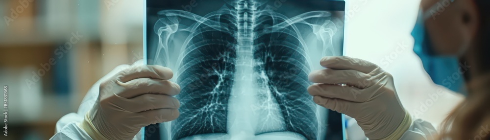 Doctor holding up a lung X-ray showing the effects of smoking Doctor holding up a lung X-ray showing the effects of smoking