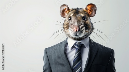 Male human has a mouse head, business attire, white isolated background