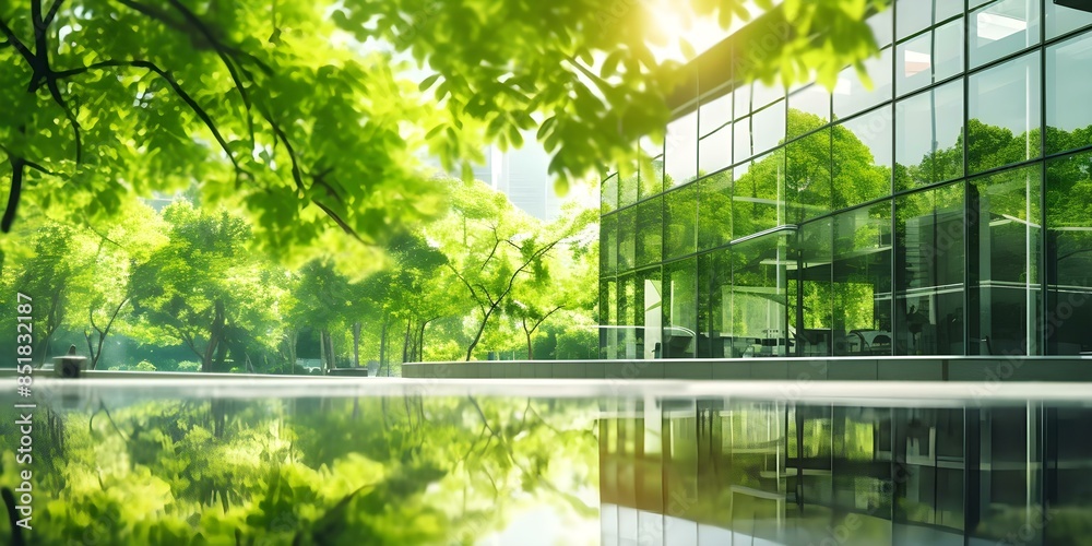 Fototapeta premium Integration of ESG Sustainability in Business Showcased by Corporate Glass Building Reflecting Green Trees. Concept ESG Sustainability, Corporate Glass Building, Green Trees Reflection