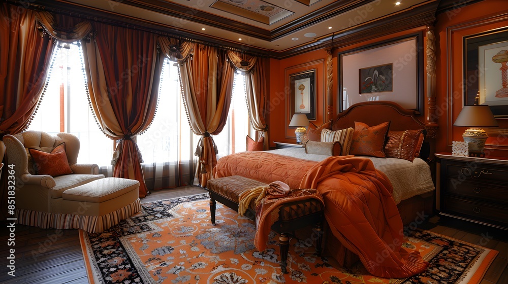Luxurious bedroom with elegant classic furniture and rich orange textiles, captured in a warm and inviting ambiance. Luxurious bedroom with elegant classic furniture and rich orange textiles, captured in a warm and inviting ambiance.