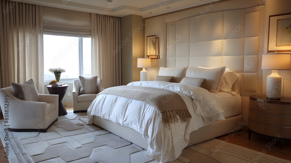 An elegant and cozy bedroom interior with a large bed, armchairs, and warm lighting designed in a neutral color palette. An elegant and cozy bedroom interior with a large bed, armchairs, and warm lighting designed in a neutral color palette.