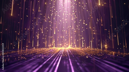 Illuminated stage with dramatic purple and gold lighting and spotlights, ideal for performances or events presentation