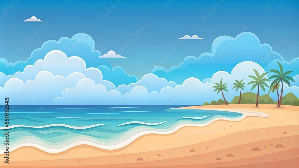 Fototapeta premium Serene Tropical Beach with Palm Trees and Gentle Waves under a Clear Blue Sky