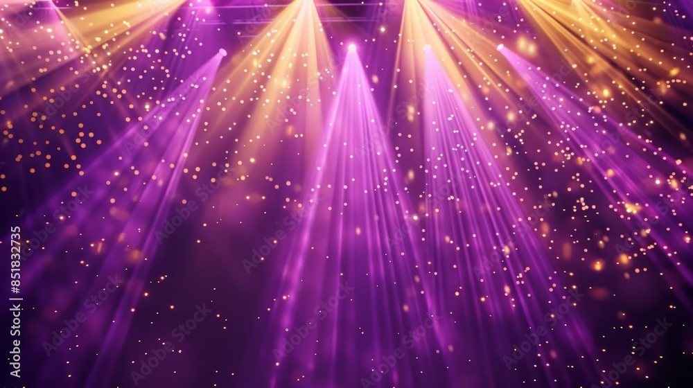Fototapeta premium Illuminated stage with dramatic purple and gold lighting and spotlights, ideal for performances or events presentation