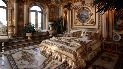 Opulent bedroom with luxurious decor and classic European elegance, featuring a grand bed and artistic details 