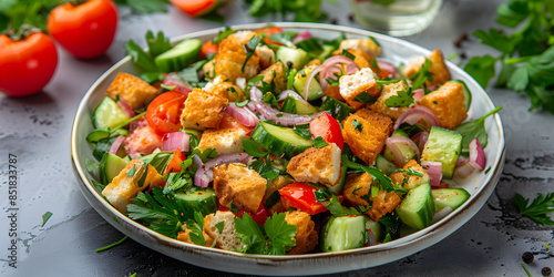 Fresh and Healthy Mediterranean Salad with Colorful Vegetables and Crunchy Croutons