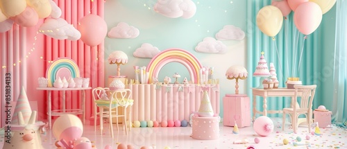 Whimsical pastel-themed birthday party setup with balloons, clouds, and a rainbow backdrop perfect for a celebratory gathering. © 220 AI Studio