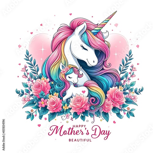 A unicorn and a baby unicorn with flowers Art.