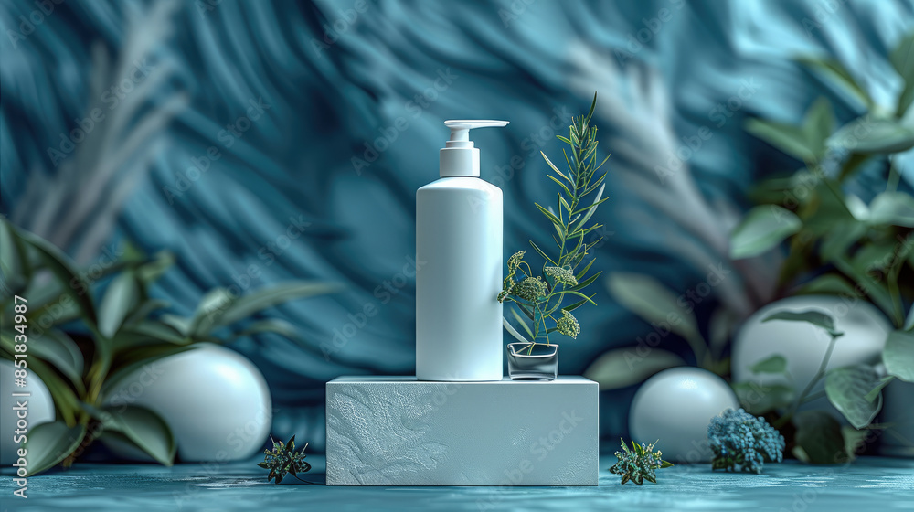 A mockup of a blank white bottle of Shampoos product packaging, placed on top of an empty square cube podium with a Indigo cloth background. The set is presented in front. Generative AI. A mockup of a blank white bottle of Shampoos product packaging, placed on top of an empty square cube podium with a Indigo cloth background. The set is presented in front. Generative AI.