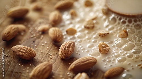 Almond Milk Spilled on Wooden Surface with Almonds