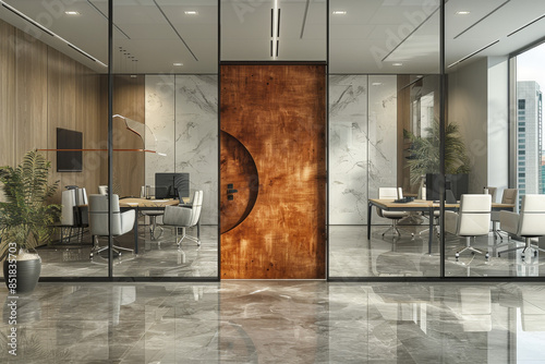 A photo of an office with a modern interior design, featuring a wooden door in the middle and glass walls on both sides. The room is filled with white desks and chairs for casual meetings.