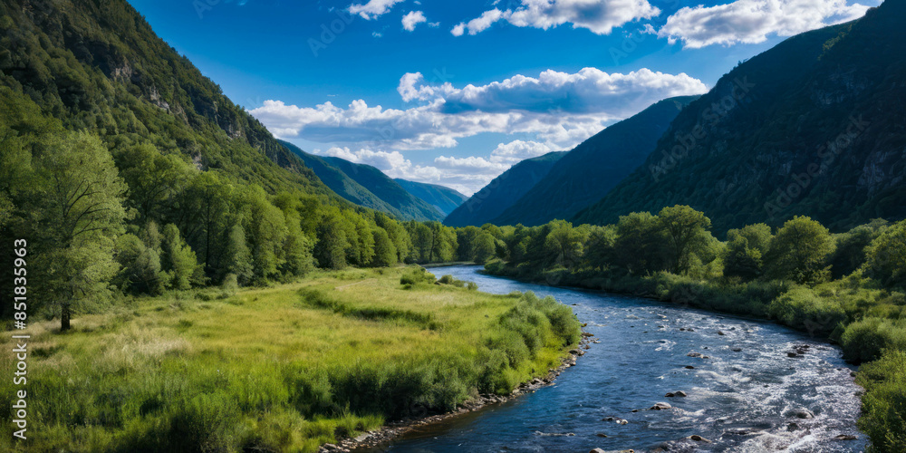 River Valley with Green Hills and Blue Sky River Valley with Green Hills and Blue Sky